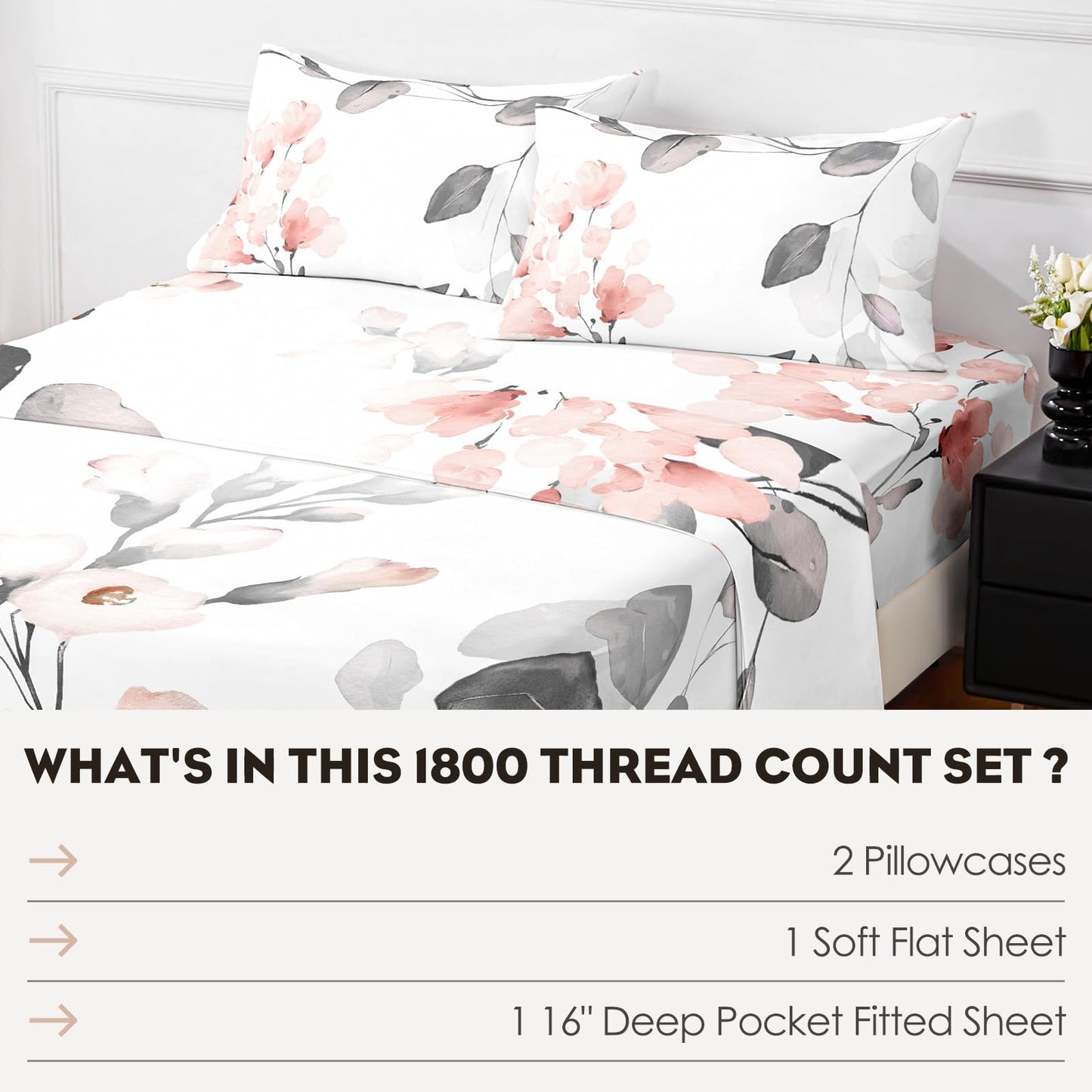 HCORA Floral King Size Sheets Set, Luxury 1800TC Hotel Quality Double Brushed Microfiber Deep Pocket Bed Sheets, Ultra Soft, Breathable and Cooling, 4PC, King