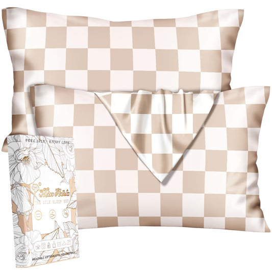 Miss Adola Silk Pillowcase 2 Pack - Pillow Cases 20" x 30" Queen Size Set of 2 for Hair and Skin Smooth Soft Breathable with Hidden Cute Zipper Cooling Pillow Covers for Sleeping, Checkered