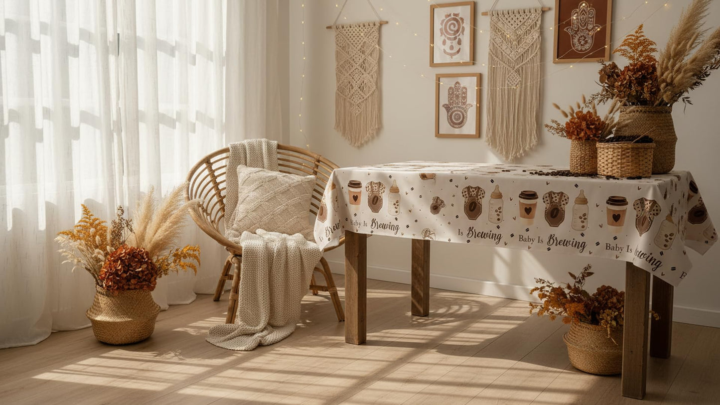 LUCKYQUBE Baby is Brewing Coffee Baby Shower Tablecloth, Neutral Brown Disposable Table Cover for Gender Reveal Party, Coffee Themed Baby Shower Supplies, Baby Bottle Tablecloth for Welcome Baby