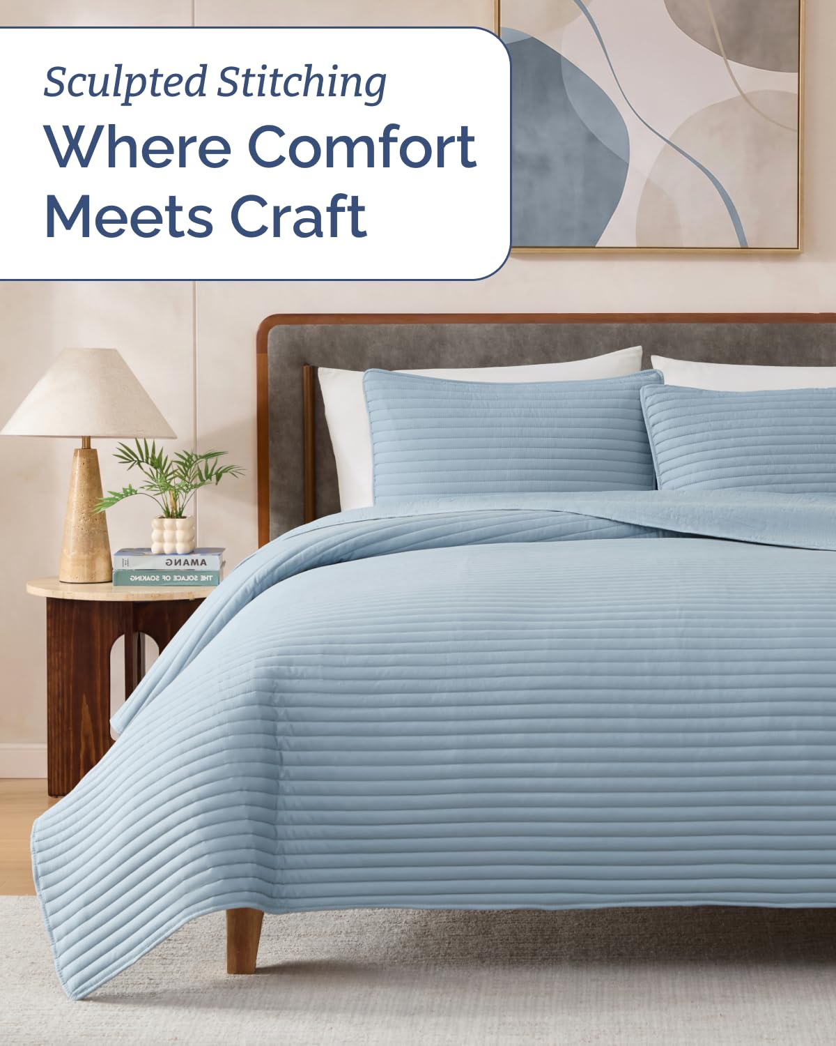 Quilts Queen Size - Dusty Blue Bedspread Queen Size with Stripe Stitch Pattern - Lightweight Bedspread for All Seasons - Soft, Breathable Comfy Summer Quilted Coverlet w/ 2 Pillow Shams - 90" x 96"