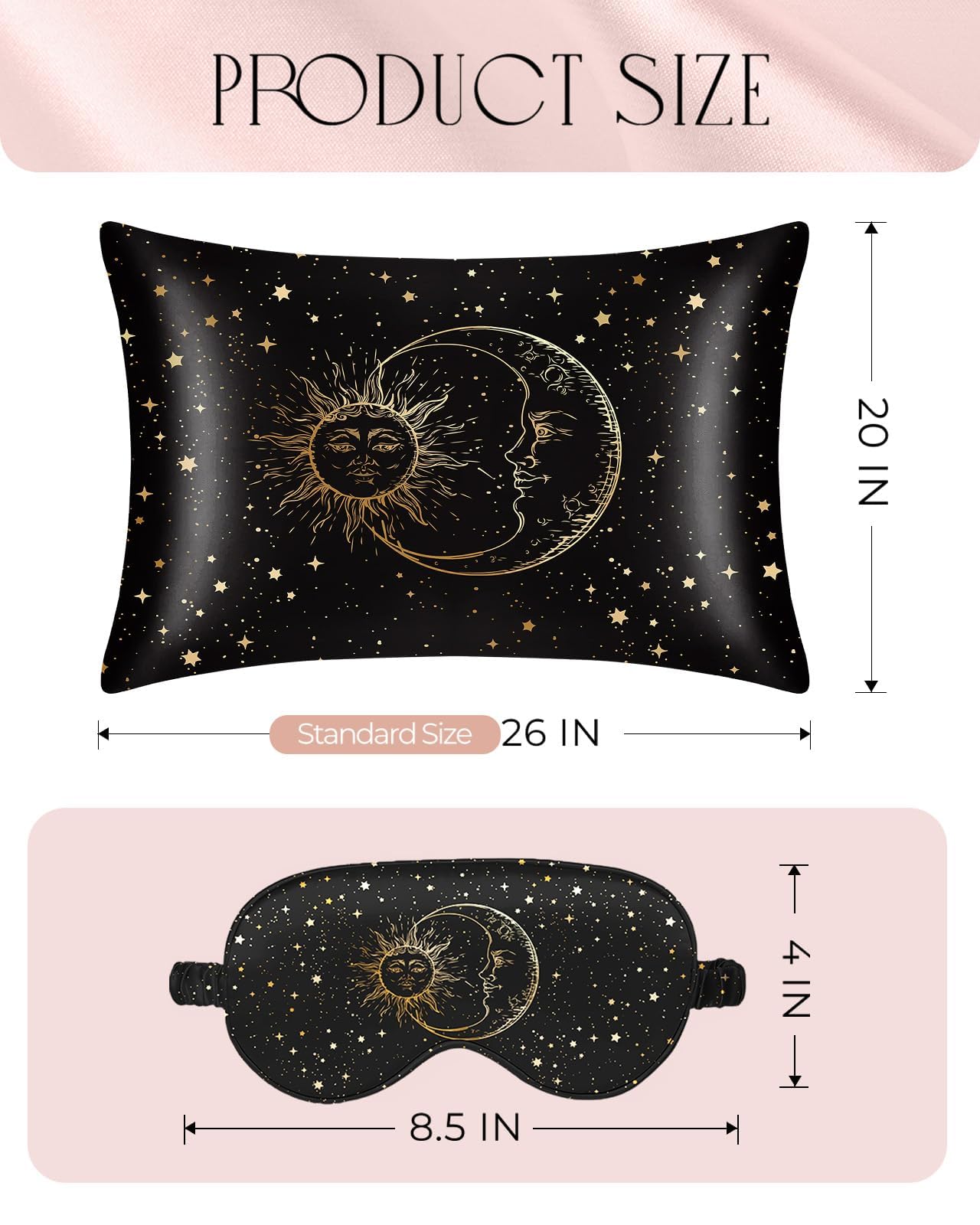 Miss Adola Mulberry Silk Pillowcase Set - 1 Pc Silk Pillowcase with Eye Mask & Scrunchie, Soft Standard 20"x26" Pillow Case for Hair and Skin, Sleeping Gift for Women, Black Sun Moon
