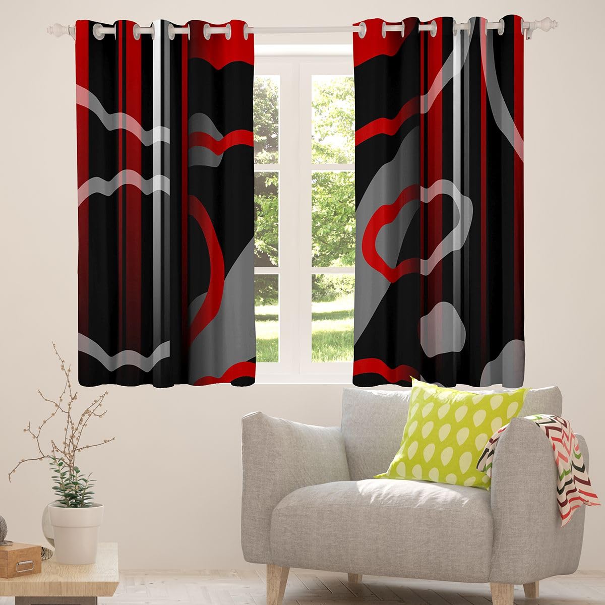 jejeloiu Darkening Dreapes Kids Geometric Strip Red Curtains for Bedroom Abstract Lines Curtains Gradient Styke Red Black White Window Treatments (2 Panels, 52 x 84 Inch) Blackout