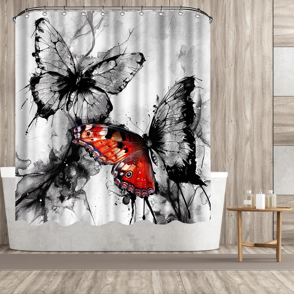 Conipit Butterfly Shower Curtains for Bathroom Black Red Ink Painting Shower Curtain Watercolor Butterfly Bathroom Curtain 72"x72" with 12Pcs Hooks(red)