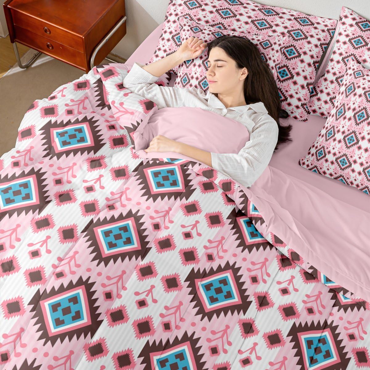 Erosebridal Boho Aztec Bed in A Bag King 7 Pcs Bohemian Southwestern Comforter Set for Women Men Western Ethnic Tribal Mexican Bedding Sets Pink Cowgirl Geometric Diamond Sheet Set with Comforter