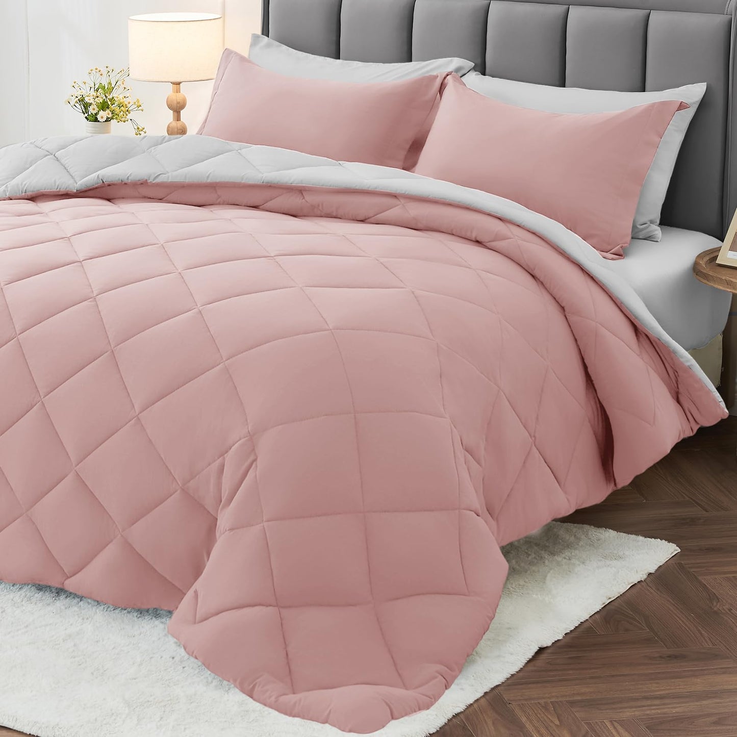 MUXHOMO 7 Pieces California King Comforter Set, Reversible Bed in a Bag Cal King Size, All Season Bedding Set with Comforter, Flat Sheet, Fitted Sheet, Pillowcases & Shams, Pink & Light Grey