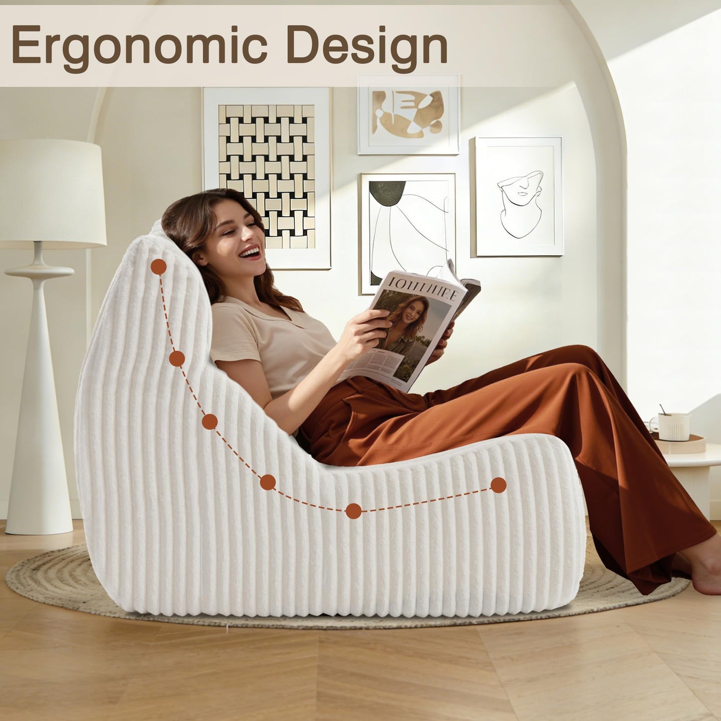 Ayiseedmid Big Bean Bag Chairs, Lazy Floor Sofa, Fireside Chair for Living Room, Bedroom, Office (White, Single Seat)