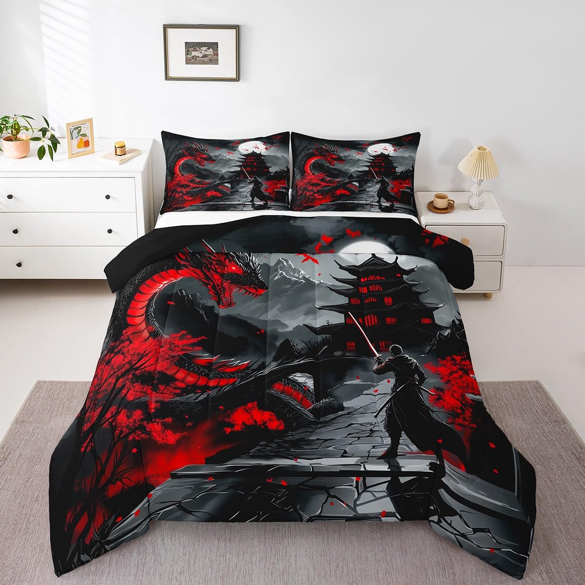 Erosebridal Dragon Bedding Set Full Size, Japanese Style Comforter Set for Teens Youth Adult Men Room, Ancient Animal Quilt, Retro Wildlife Ukiyo-E Down Comforter, Black Grey Red