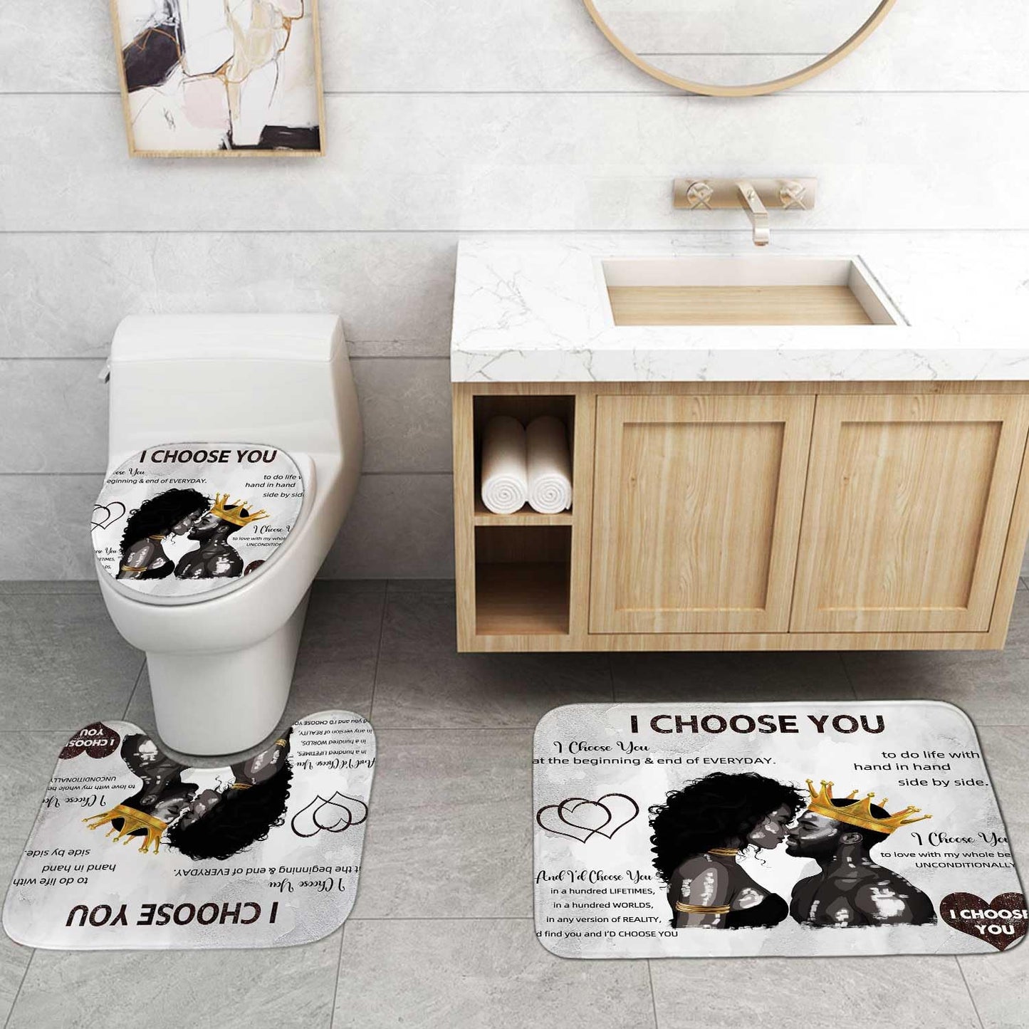 OLEBETY 4PCS African American Shower Curtain Sets with Rugs, Waterproof Fabric Grey Shower Curtain, Black Women Men King Romantic Quotes Anniversary Afro Lovers Couple Bathroom Decor, I Choose You