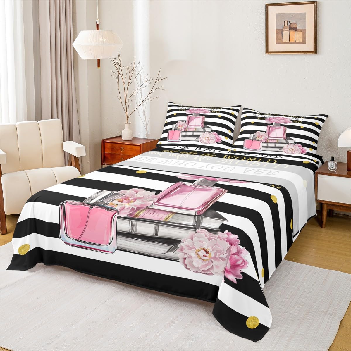 Erosebridal Pink Floral Bed Sheets King Size for Girls Kids Teens Girly Cute Modern Fashion Sheets Boho Black and White Striped Sheet Set Inspiring Women Perfume Preppy Coquette Bow Bedding Set