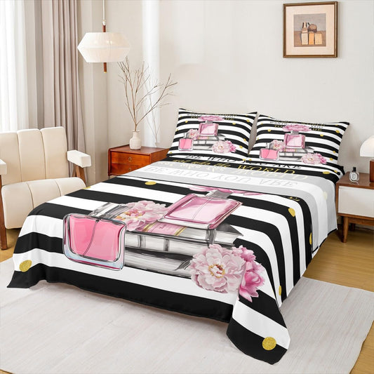 Erosebridal Pink Floral Bed Sheets King Size for Girls Kids Teens Girly Cute Modern Fashion Sheets Boho Black and White Striped Sheet Set Inspiring Women Perfume Preppy Coquette Bow Bedding Set