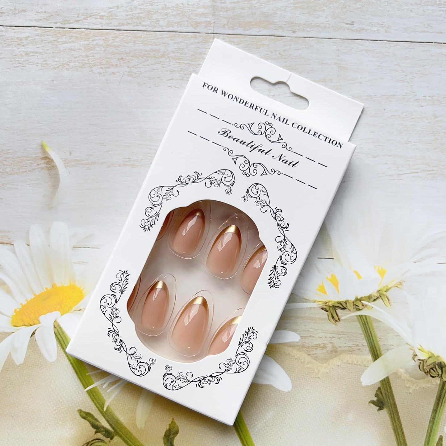 LPOODDNU French Tip Press on Nails Almond Fake Nails Medium False Nails with Gold Tips Design Glue on Nails Glossy Pink Acrylic Nails Press ons Full Cover Stick on Nails for Women Manicure 24Pcs