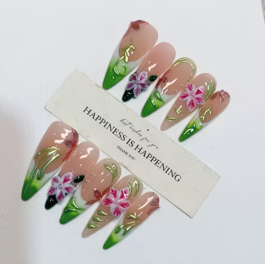 Handmade Press on Nails Long Stiletto False Nails French Tip Fake Nails with 3D Flower Designs Sparkly Green luxury Artificial Nails Reusable for Women 10pcs (Size M）