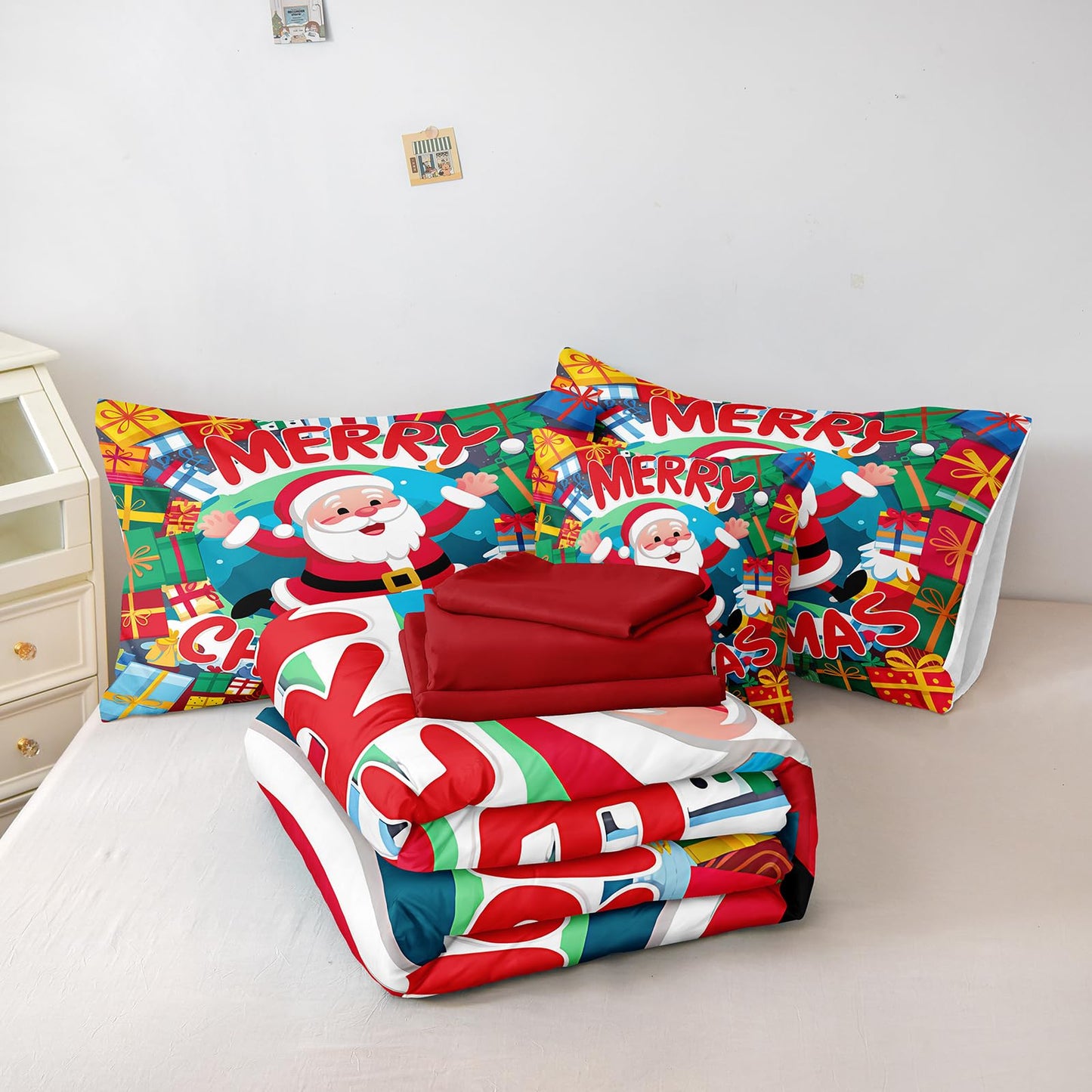 Bedding_Dreamer Santa Claus Comforter Queen Red Bed in a Bag 8 Pcs Christmas Bedding Merry Christmas Snowflake Home Decor with 1 Cushion Cover Soft and Lightweight
