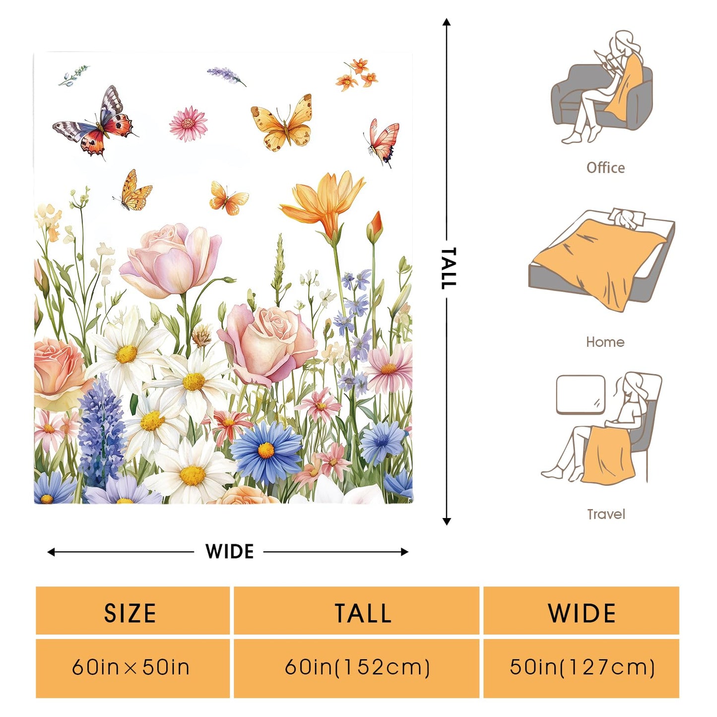 Hohoto Floral Butterfly Blanket Colorful Flowers Gifts for Women Kids Girls Wife Mom Birthday Christmas Halloween Easter Sisters Daughter Female Friends Friendship Spring Throw Blankets 50"x60"