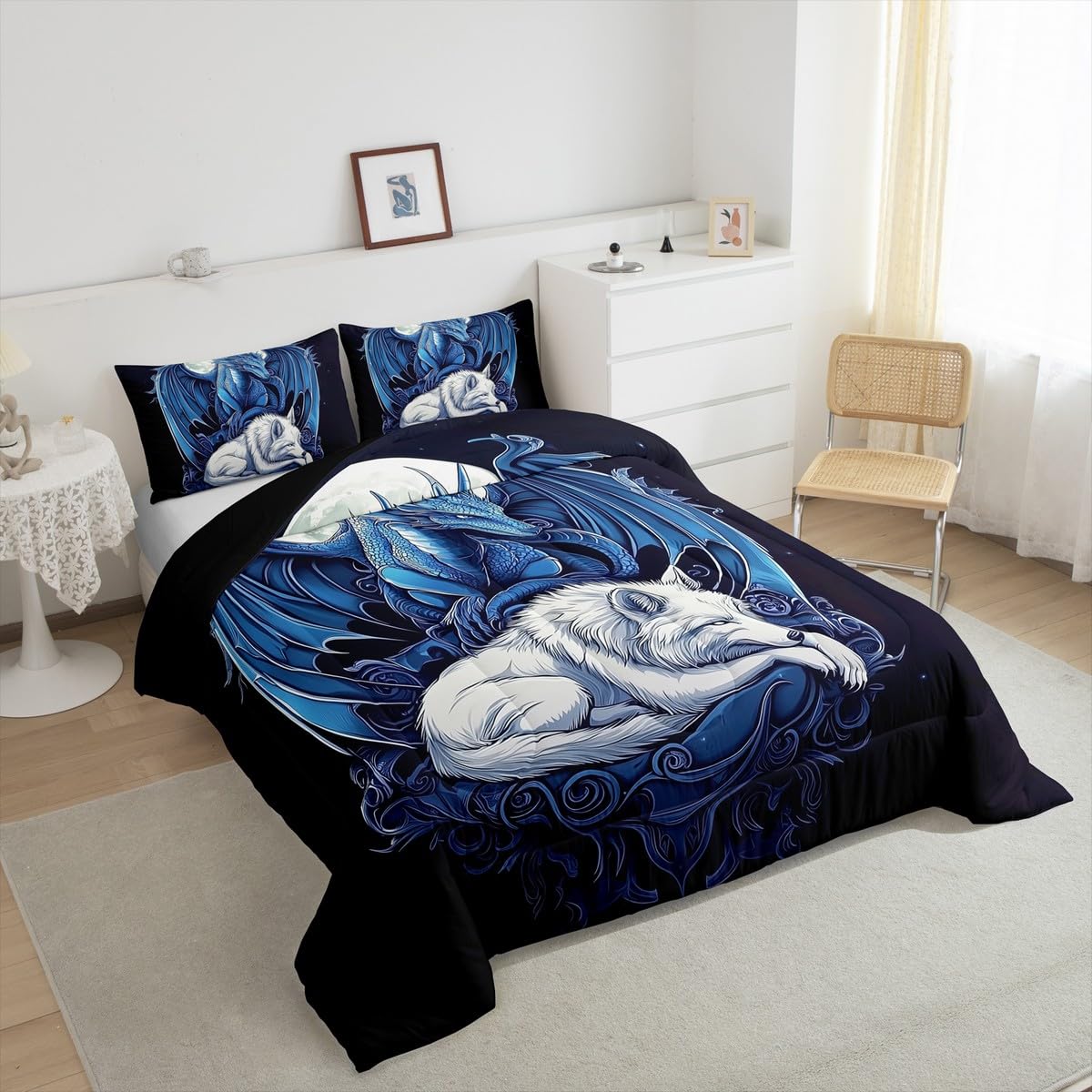 Erosebridal Dragon Comforter Set Full Size for Boys, Wolf Animals Bedding Set, Tribal Exotic Wildlife Down Comforter for Boys Adult Men Room, Moon Starry Sky Quilt, Black Blue