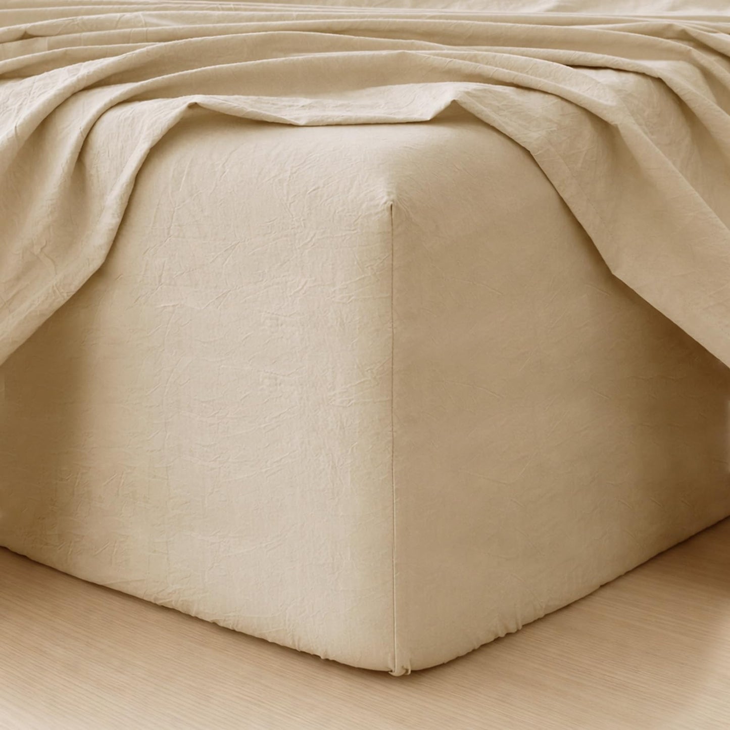 MooMee Fitted Bottom Sheet Only 100% Washed Cotton Linen Like Textured Breathable Durable Soft Comfy Deep Pocket Fits Mattress up to 17" (Almond Milk Grey, Queen)