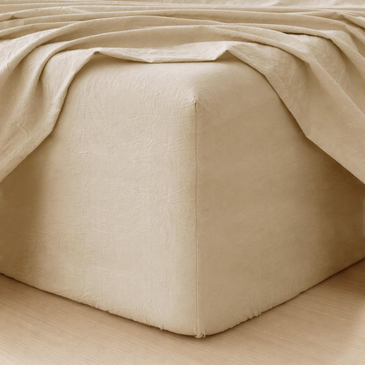 MooMee Fitted Bottom Sheet Only 100% Washed Cotton Linen Like Textured Breathable Durable Soft Comfy Deep Pocket Fits Mattress up to 17" (Almond Milk Grey, Queen)