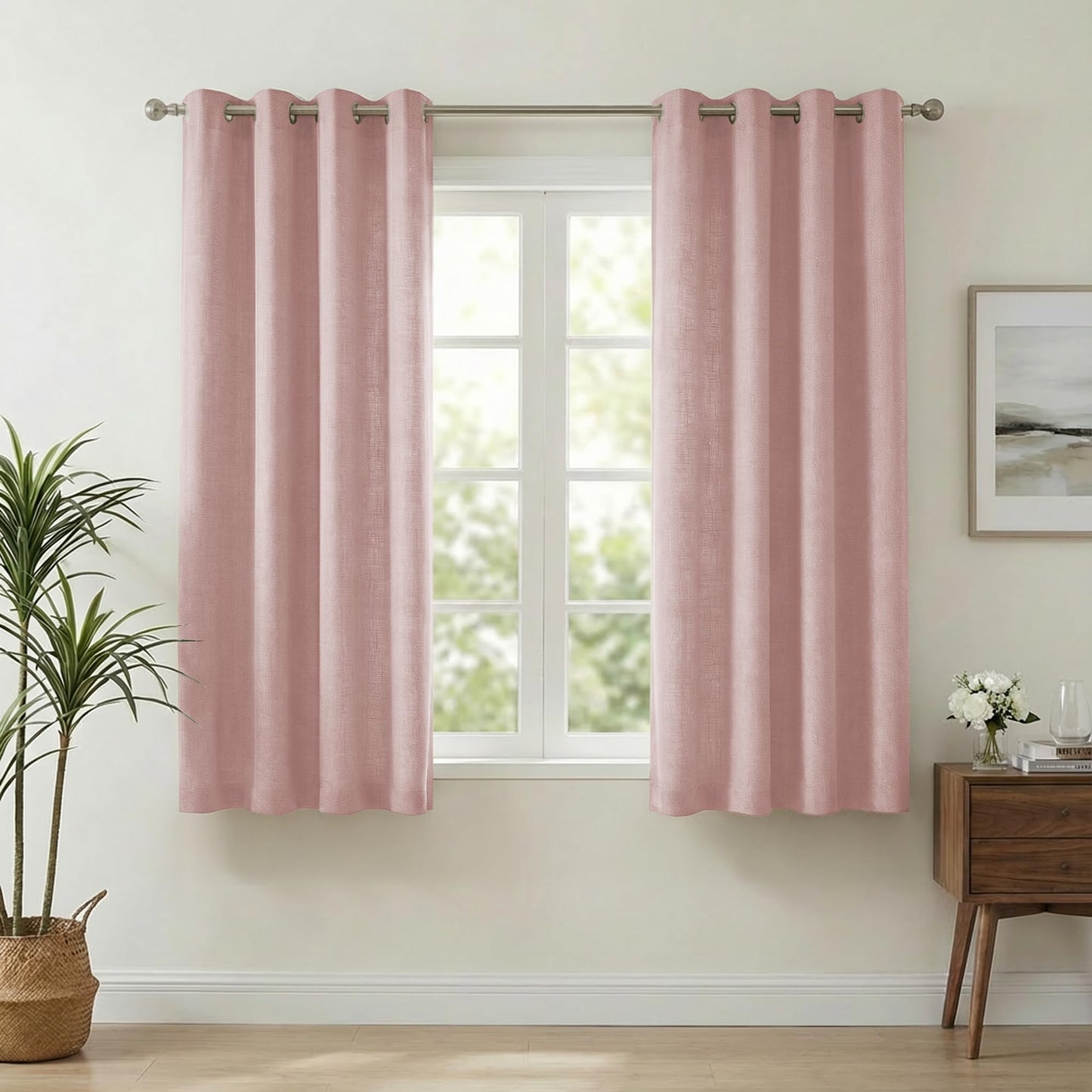 NICETOWN Blush Pink Linen Blended Curtains 63 Inch for Baby Bedroom, Light Filtering Semi Sheer Burlap Curtains Farmhouse Grommet Privacy Window Drapes for Nursery, 2 Panels (52 x 63 Inch)