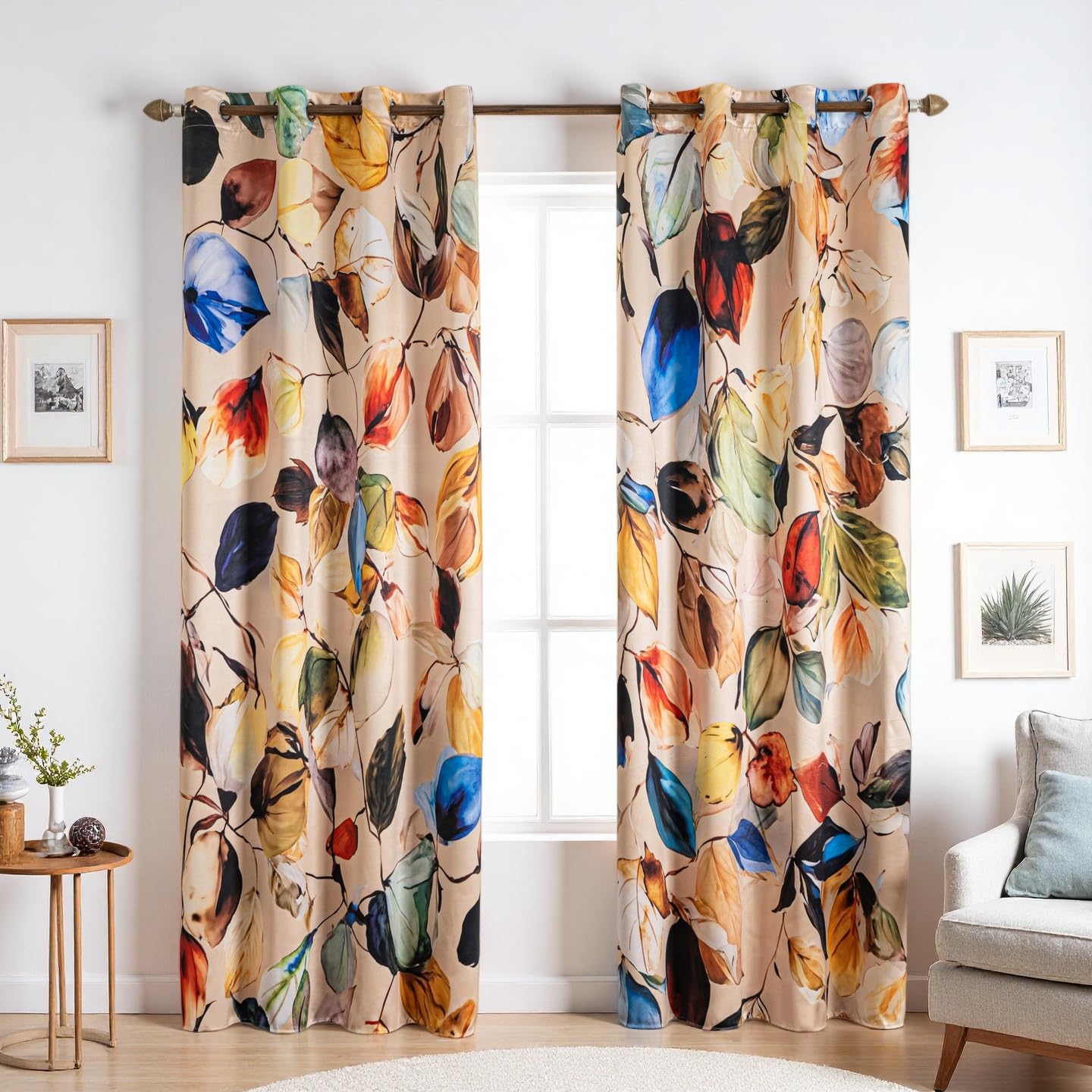 LW&SANHUO Black 100% Blackout Curtains 84 Inches Long for Bedroom 2 Panels Grommet Multicolor Yellow Leaves Print Patterned Black Out Curtains Room Darkening Thermal Insulated Window Drapes, 52Wx84L