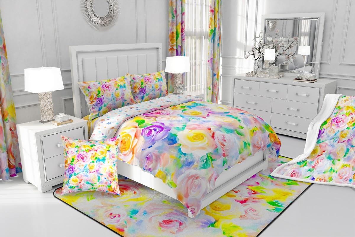 Feelyou Rose Flower Bedding Sheets Girls Women Like Full Yellow Pink Flower Bed Sheet Set Garden Flower Fitted Sheet Pretty Botanical Bed Cover 3Pcs,1 Fitted Sheet+2 Pillow Sham（No Flat Sheet）