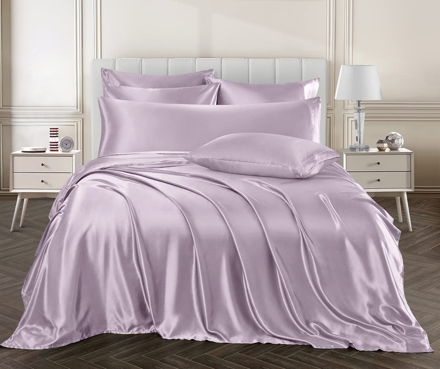 Ersmak 7 Pieces Satin Sheets Set Full Size, Luxury Silky Lavender Satin Bed Sheets Set with 1 Deep Pocket Fitted Sheet, 1 Soft Flat Sheet, 4 Queen Pillowcases and 1 Body Pillowcase