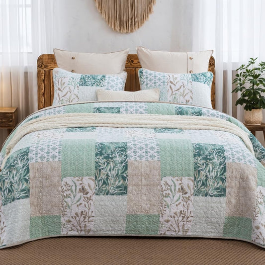 DAUAOTO 100% Cotton Quilt Set Queen Size, Farmhouse Printed Bed Coverlet Reversible Bedspread, Green Neutral Patch Pattern