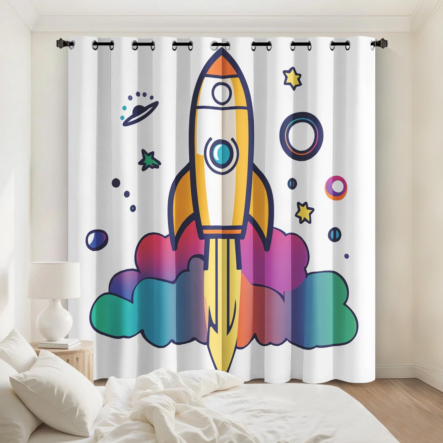 Cartoon Rocket Curtains Blackout & Home Decor, UFO Planet Curtains Bedroom Living Room Decor, Kids Boys Girls Thermal Insulated Grommet Drapes 63 Inch Long, 2 Panels Set N3Q-142