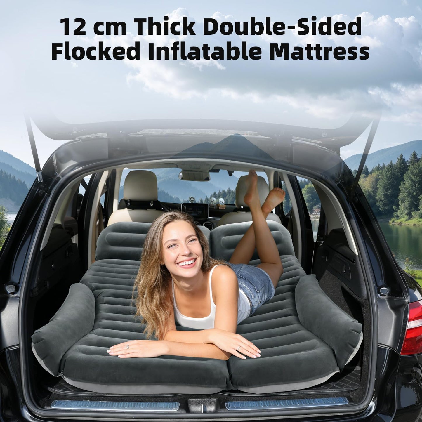 KMZ SUV Air Mattress Double Sided Thickened Flocking Car Bed – Portable Inflatable Mattress Pad for Camping & Travel with 2 Pillows & Electric Pump (Green+Light Gray)