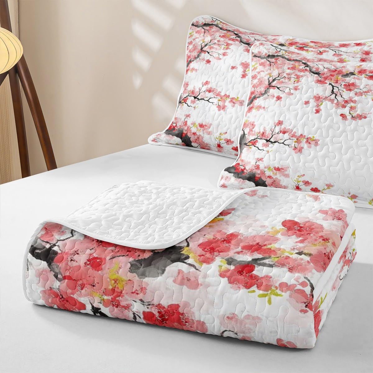 Erosebridal Cherry Blossoms Quilt Japanese Style Quilt Set Full Pink Flowers Bedding Coverlet Branches Plant Floral Bedspread