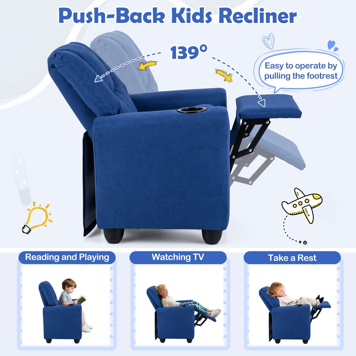 CHEFJOY Kids Recliner, Toddler Lounge Chair w/Cup Holder, Wide Armrest, Kids Sofa w/Adjustable Footrest, Comfy Toddler Recliner Chair for for Boys & Girls 3 + (Fabric, Blue)