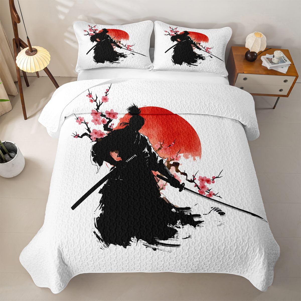 Erosebridal Samurai Quilts Twin Size - Japan Warrior Bedspread Coverlet Set, Red Sun Quilt Coverlets 2Pcs (Only 1 Pillowcase)