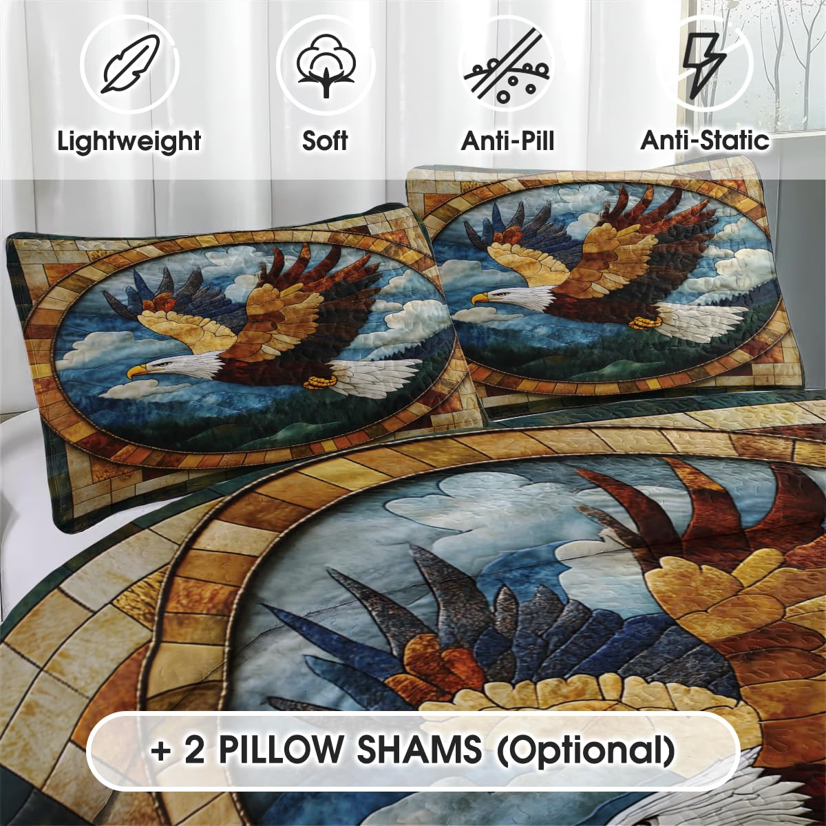 Jeminise Eagle Patchwork Printed Quilt Set, Animal Patchwork Eagle Quilt Set Throw Twin Size - Premium Pattern Quilt - Eagles Bedding Bedspread, Bedding Quilts Gift
