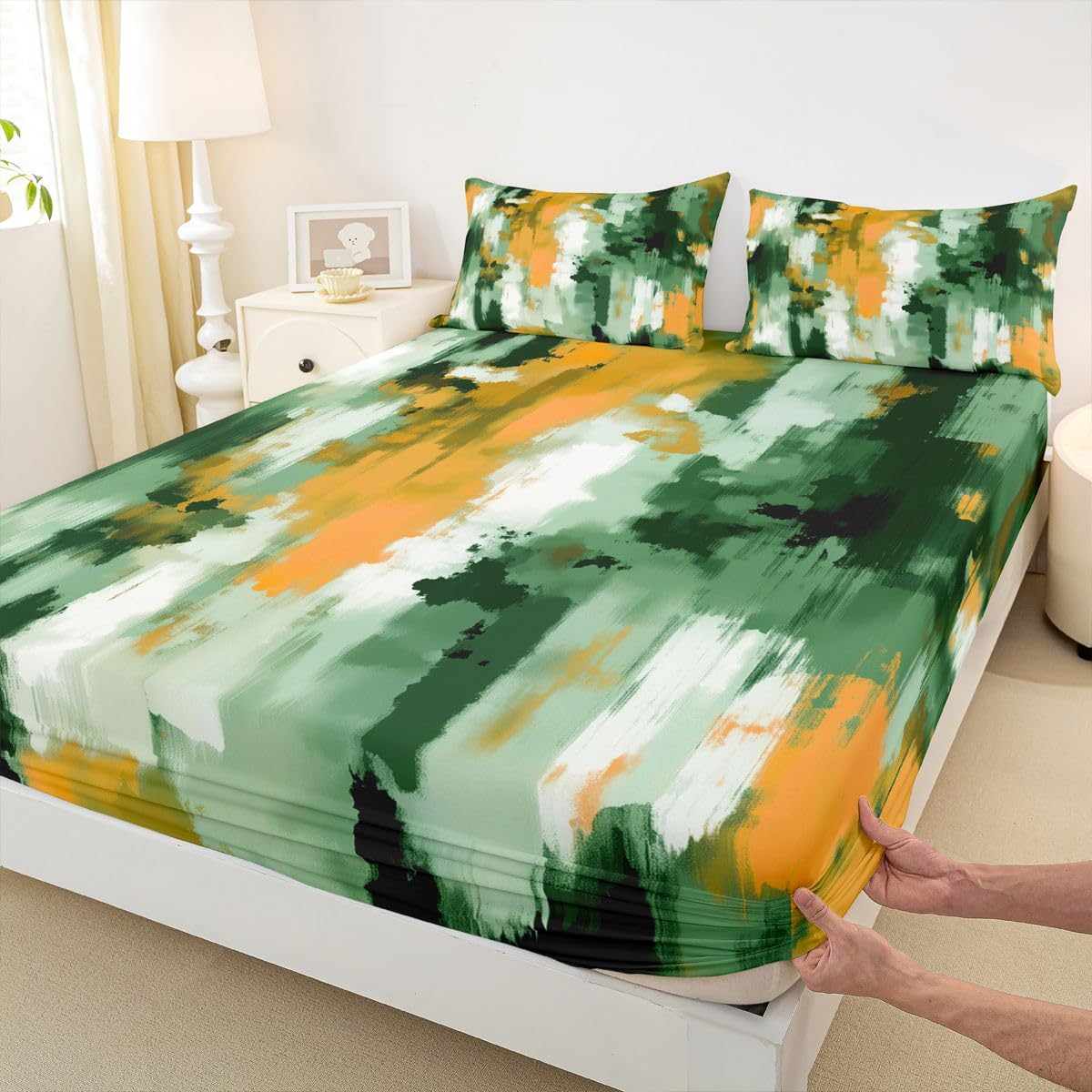 Feelyou Modern Abstract Fitted Sheet Queen Size for Kids Boys Girls Abstract Bed Sheets Set 16" Deep Pocket Soft Breathable Microfiber Green Yellow Bedding with 2 Pillowcases Room Decor