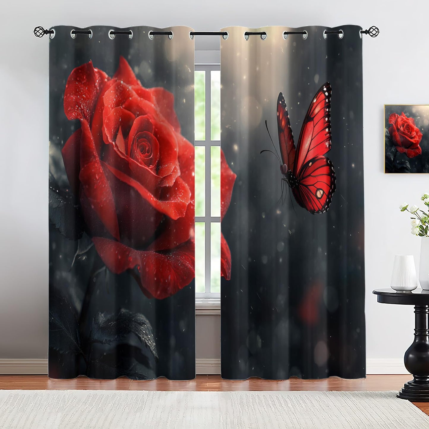 JAXIUOF Red Flowers Curtains 39 Inch Long 2 Panels Butterfly Rose Plants Blackout Curtains, Romantic Floral 3D Printed Drapes, Grommet Top Window Treatments for Bedroom Office Kitchen