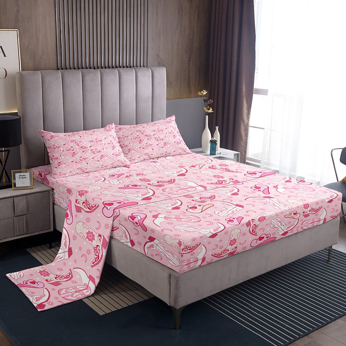 Feelyou Weatern Decor Sheet Set Boys Girls Pink Howday Sheets with Deep Pocket Fitted Sheet Queen Size Riding Boots Bed Sheets Set Farmhouse Cowboy Hat Bedding Set Wild Western Cowboy Bed Set 4Pcs