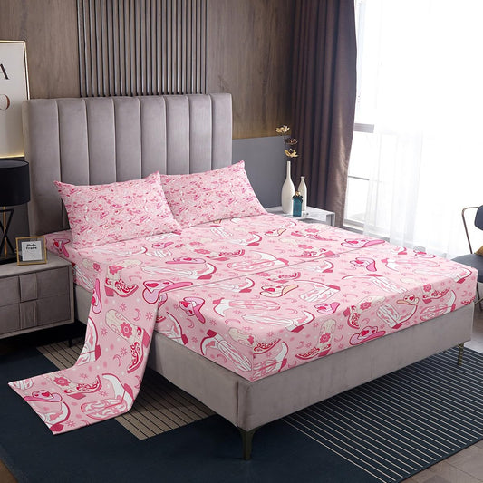 Feelyou Weatern Decor Sheet Set Boys Girls Pink Howday Sheets with Deep Pocket Fitted Sheet Queen Size Riding Boots Bed Sheets Set Farmhouse Cowboy Hat Bedding Set Wild Western Cowboy Bed Set 4Pcs