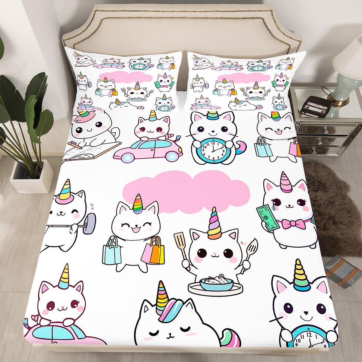 Feelyou Cat Unicorn Bed Sheet Set Cute Kitten Caticorn Cat Bed Sheets for Kids Boys Girls Cartoon Bedding Set Cute Fitted Sheet Bedroom Collection 3Pcs Full Size