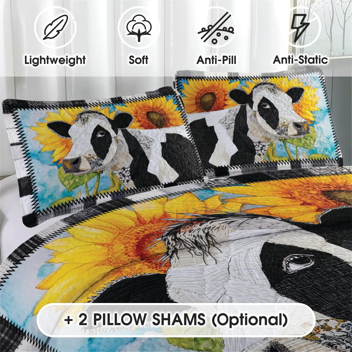 Jeminise Cow with Landscape Patchwork Quilt, Animal Farmhouse Printed Quilt Set Bedding Set, Premium Patchwork Pattern Quilts Bedspread, Bedding Set with Cow Lover Gift
