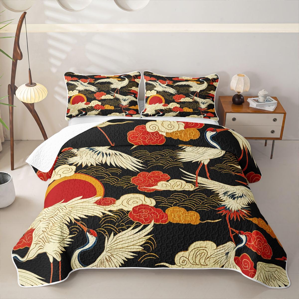 Erosebridal Gold Red Sun Quilts Twin Size - Black White Crane Bedspread Coverlet Set, Japanese Style Clouds Stripes Quilt Coverlets 2Pcs (Only 1 Pillowcase)