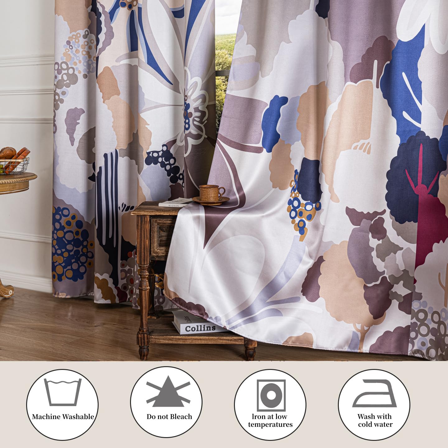 100% Blackout Curtains for Bedroom 84 inch Long 2 Panels Set Grommet Gray Blue Abstract Geometric Floral Patterned Black Out Curtains Room Darkening Window Drapes Treatment for Living Room, 52Wx84L