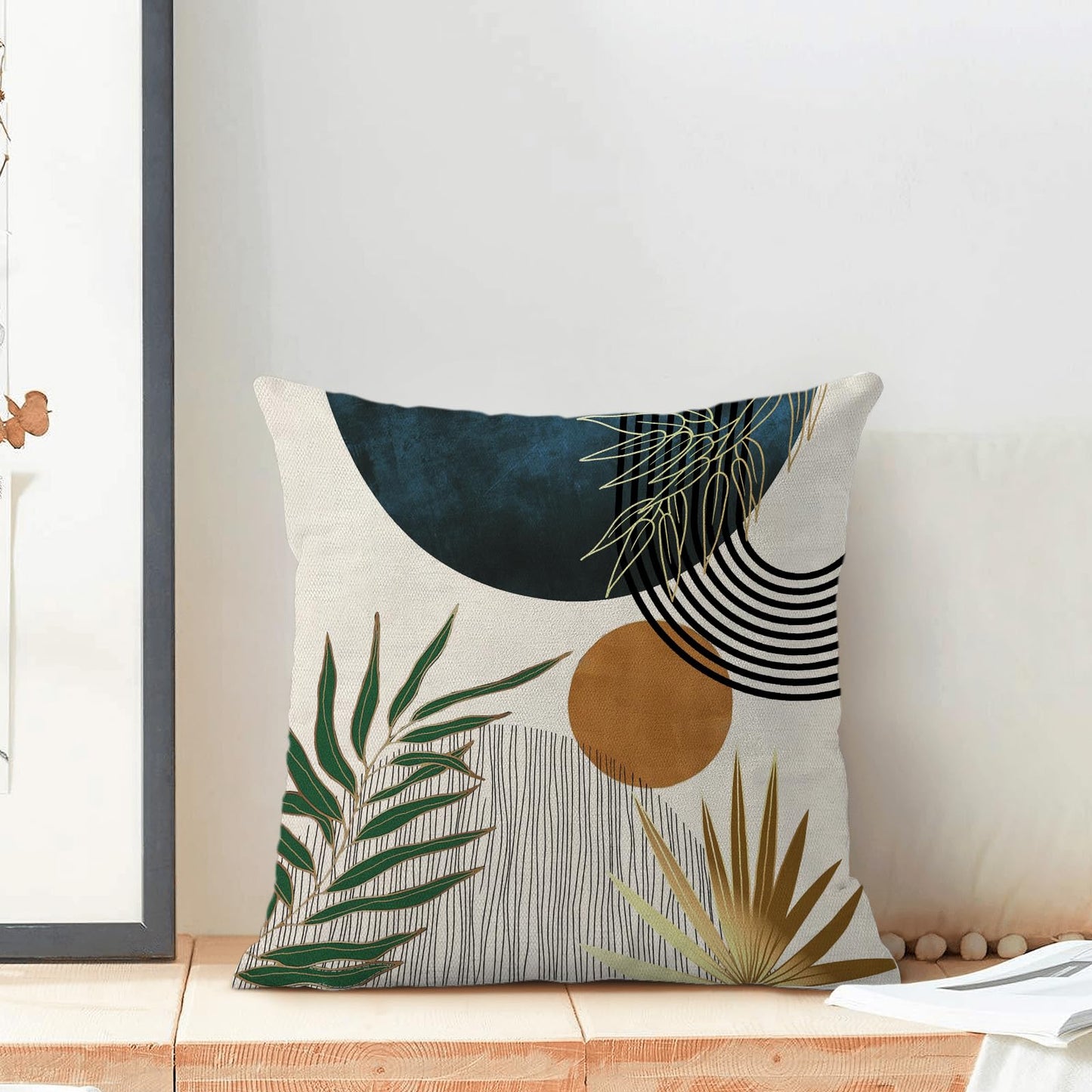 Boho Pillow Covers 18x18 Set of 2 Green Gold Navy Blue Throw Pillow Covers Outdoor Decoration Mid Century Bohemian Style Tropical Leaf Pillowcase Farmhouse Decorative Cushion Case For Home Sofa
