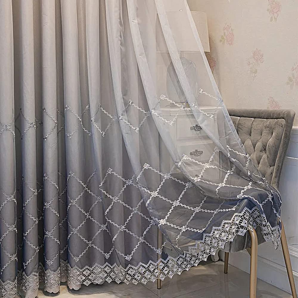 Amidoudou 1 Pair Double Layer Geometric Curtains for Living Room Gradient Diamond Pattern Embroidered Curtains for Bedroom (Grey,54x84 Inch)