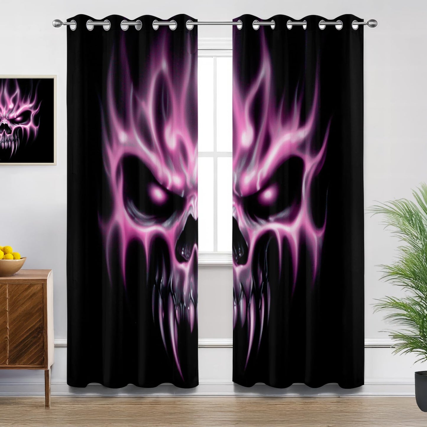 Solvivae Gothic Black Out Curtains 63 Inch Long, Flame Skull Curtain for Bedroom Living Room, Room Darkening Thermal Insulated Grommet Drapes, Horror Spooky Halloween Window Curtains