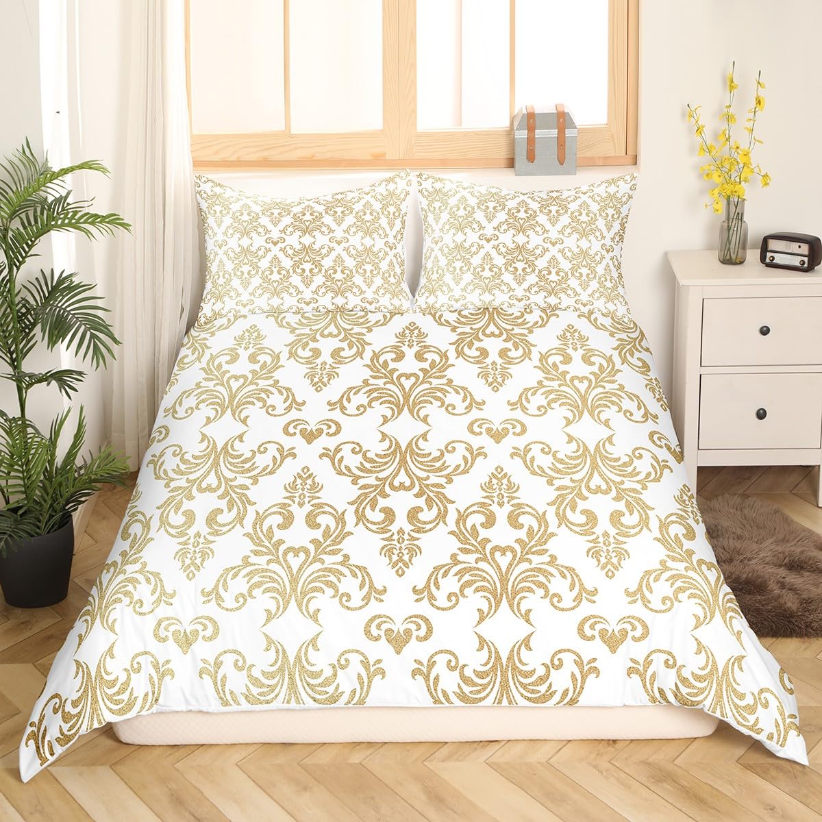 Feelyou Jacquard Damask Bedding Set King Size Floral Duvet Cover for Adult Boys Girls Teens Boho Comforter Cover Set White Gold Bedspread Cover 3Pcs Zipper