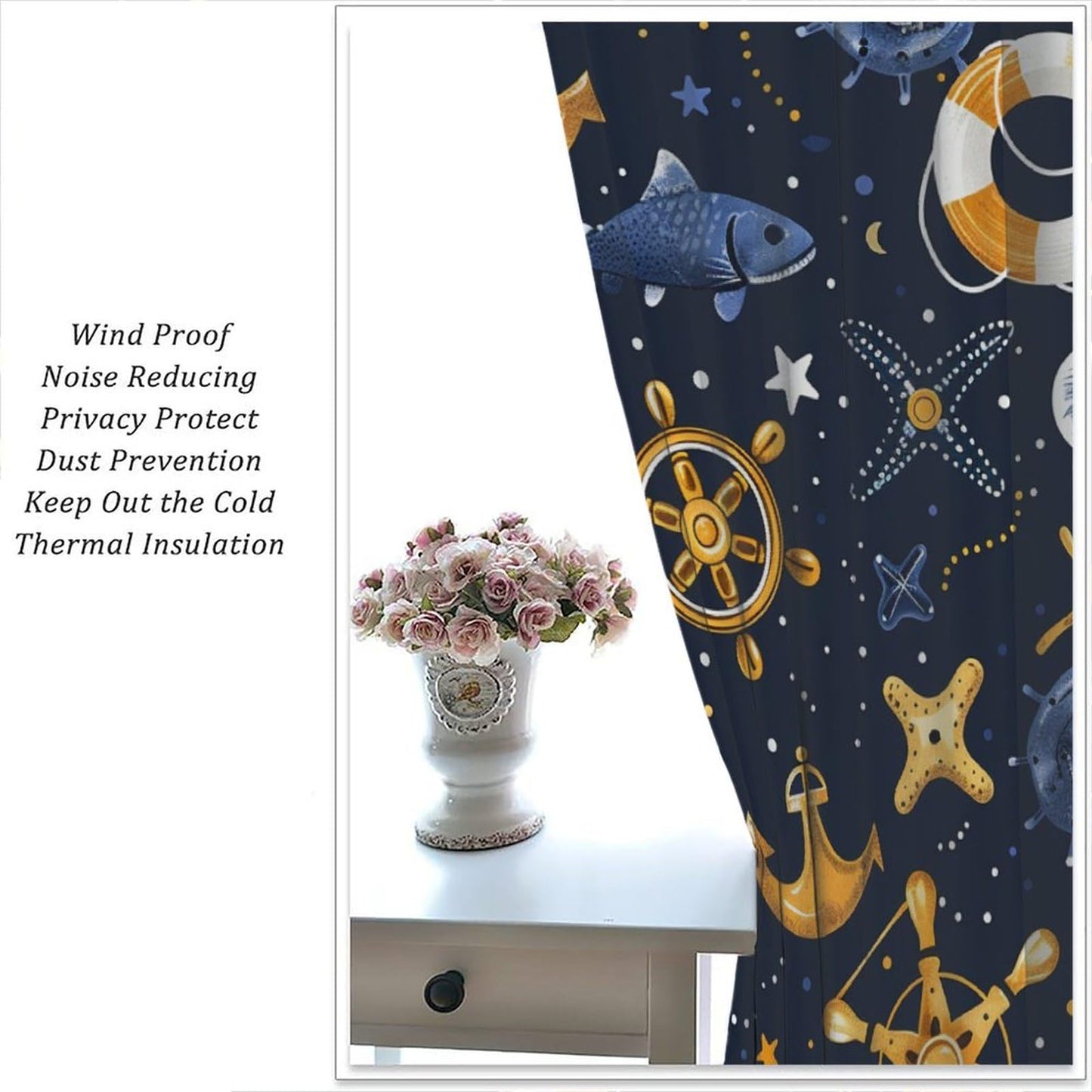 HDESDIS Fantasy Ocean Boat Anchor Blackout Curtains for Bedroom Living Room, Rod Pocket Abstract Starry Life Buoy Fish Curtains Thermal Insulated Window Drapes 2 Panels, Each 21W x 45L