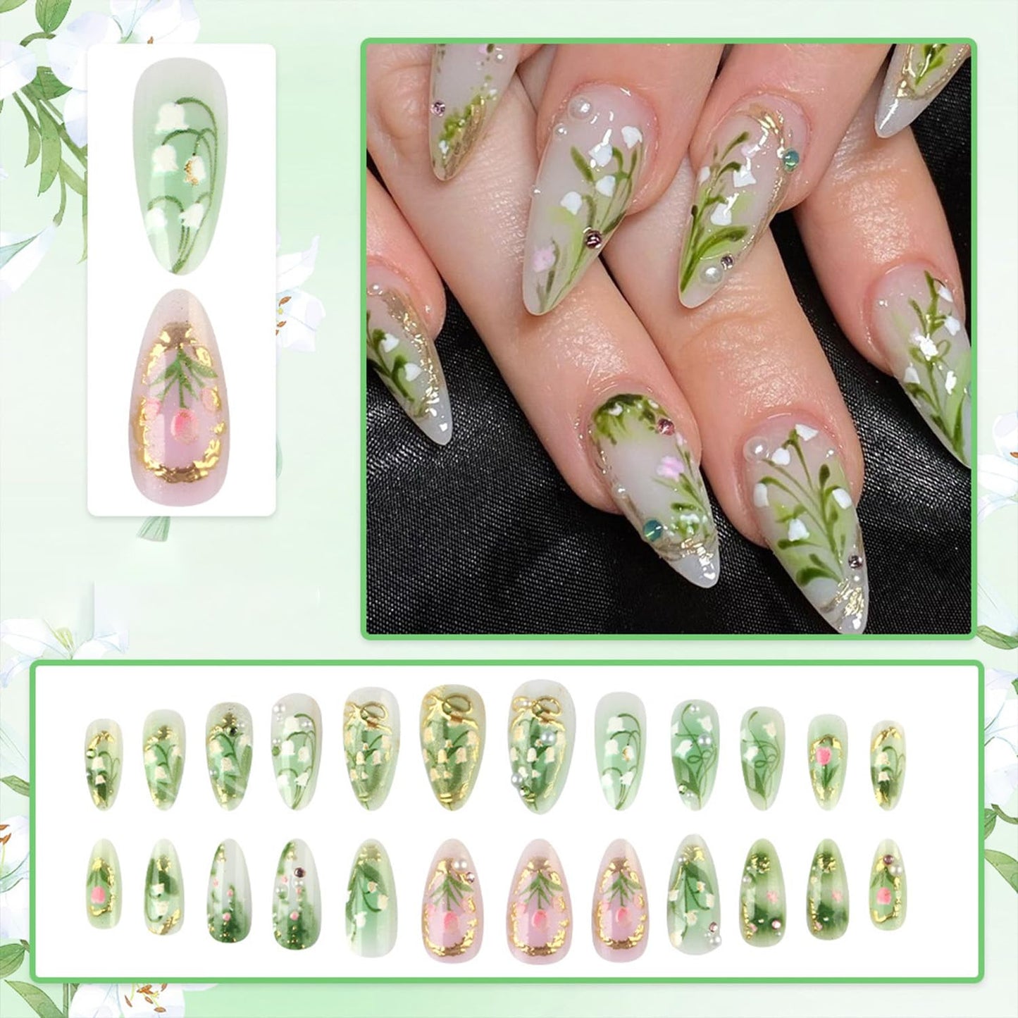24Pcs Flower Press on Nails Medium Almond Fake Nails Green Leaf with White Flower Design Gilding Full Cover Artificial Glue on Nails Handmade False Nails Spring Summer Stick on Nails for Women DIY