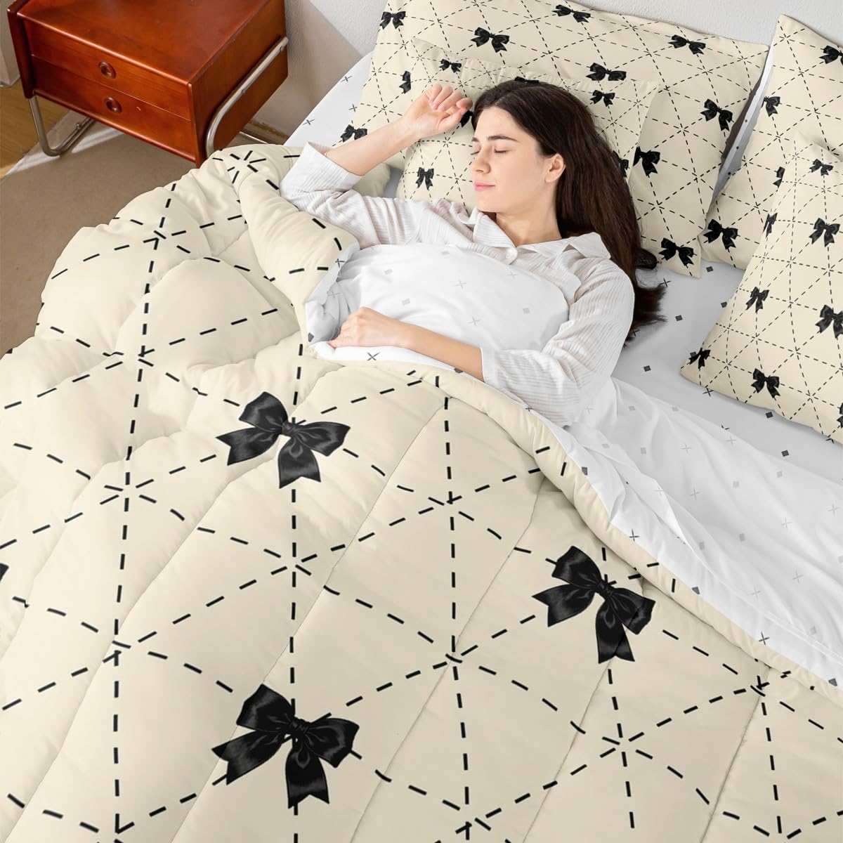Erosebridal Black Bow 7 Piece Comforter Set King for Kids Bedroom | Modern Bow Tie Bedding Set for Girls Coquette Bows Comforter with Sheets Girly Bowknot Striped Geometric Soft Warm Quilt Duvet