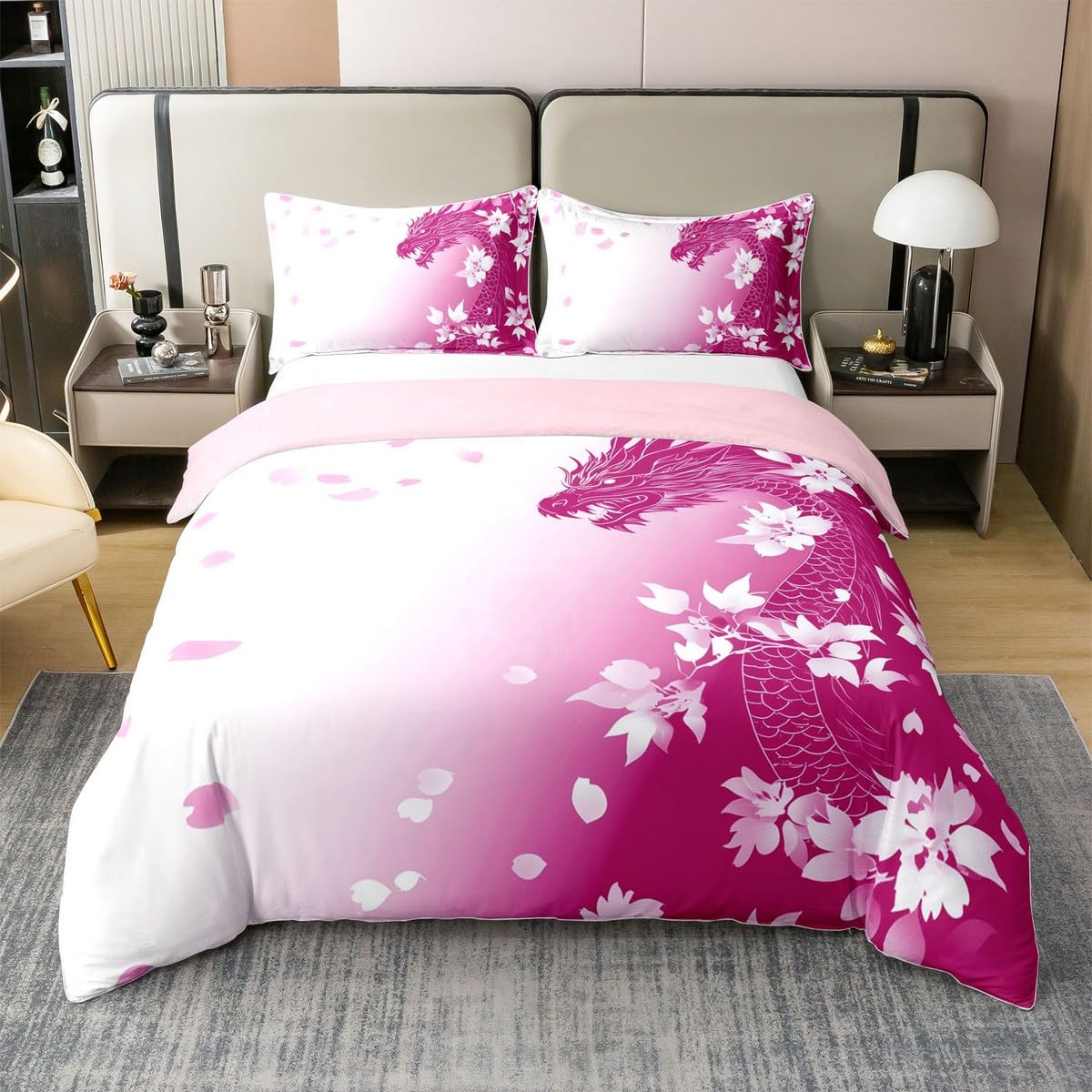 Erosebridal Pink Fantasy Dragon Duvet Cover Twin Size 100% Cotton Pink White Gradient Princess Comforter Cover for Kids Girls Teen,Wildlife Animal Bedding Set Dreamy Aesthetic Cherry Blossom Bed Set