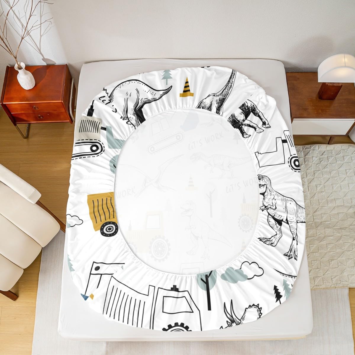 Construction Sheet Set Full Size Kids Cartoon Car Excavator Tractor Toddler Sheets with Deep Pocket Fitted Sheet Equipment Trucks Dinosaur Bed Sheets Set Construction Vehicles White Yellow Bedding Set