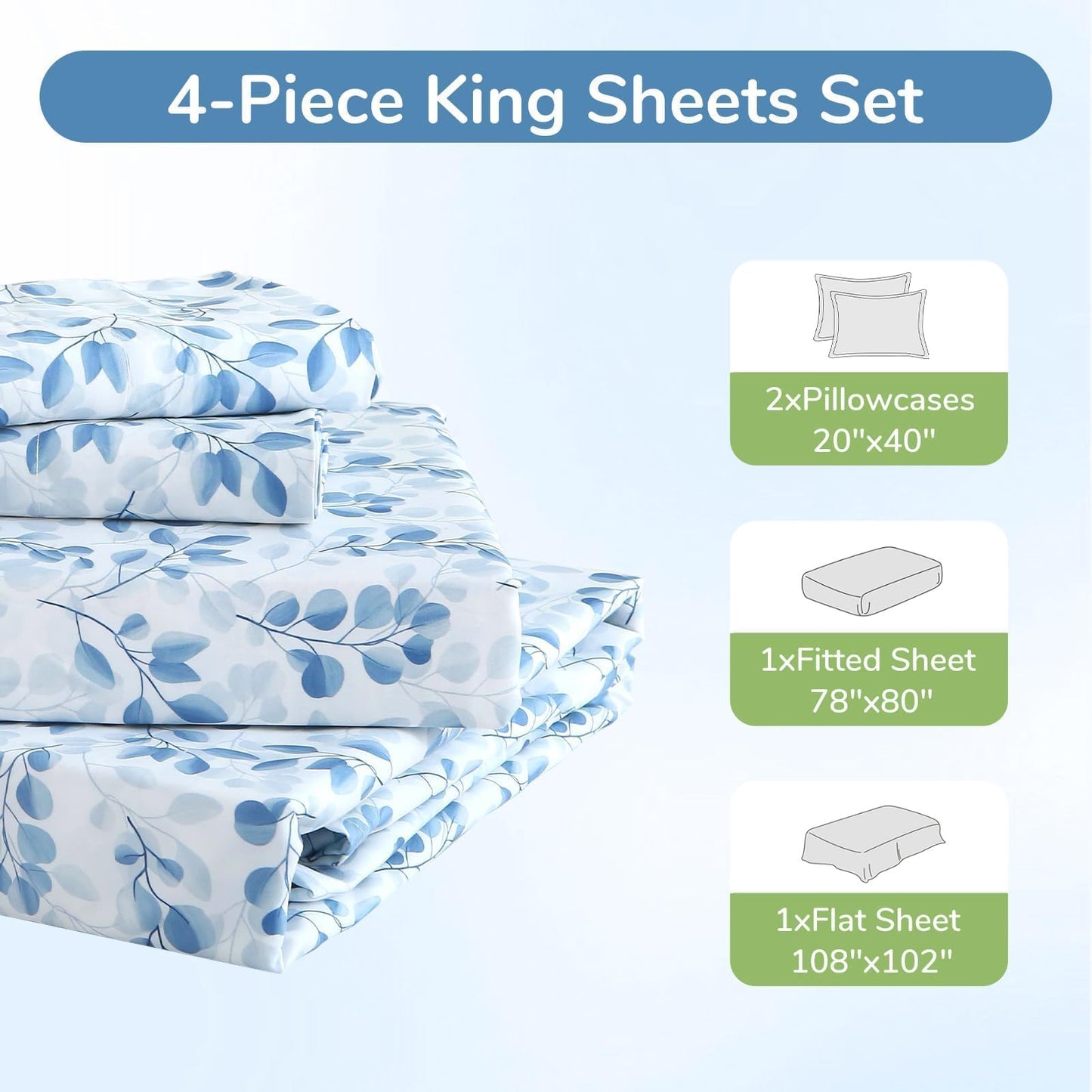 MUXHOMO King Size 4 Piece Sheet Set, Soft Breathable Bed Sheet Set for Bedroom with Deep Pocket Up to 16", Wrinkle-Free & Cooling Bedding for Oeko-TEX Certified - Blue Leaves